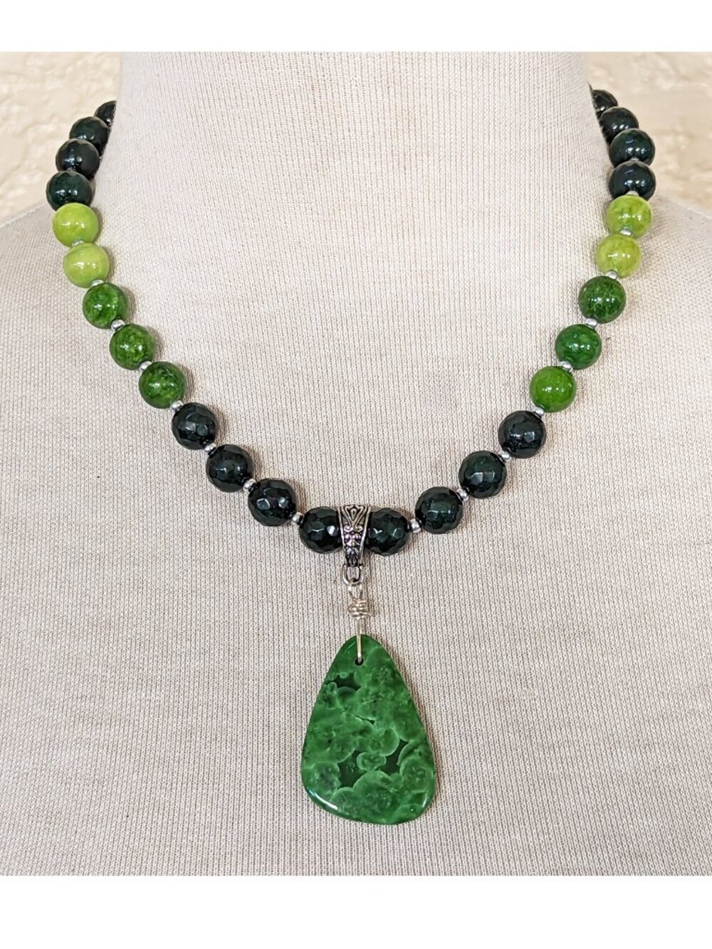 Boho Olive & Lime Green Jade & Bloodstone Ombre Pendant Necklace